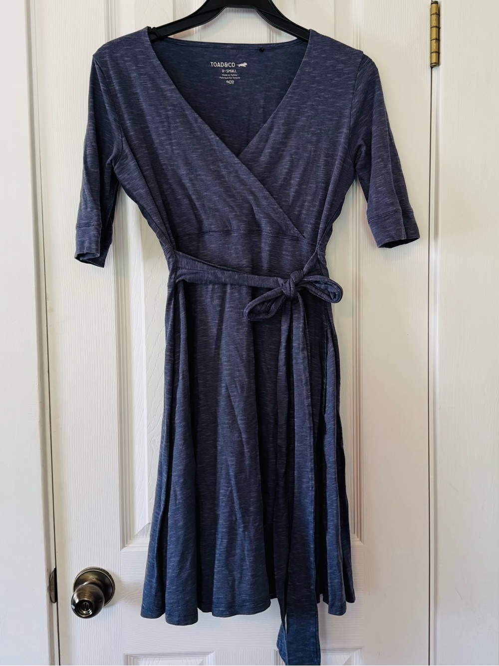 Toad&Co Wrap Dress XS Blue Gray TENCEL Organic Cotton Tie Waist Eco Athleisure